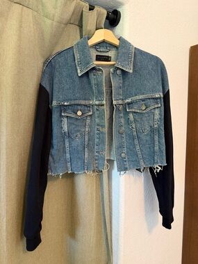All Saints Cropped Denim Jean Jacket with Black Knit Sleeves